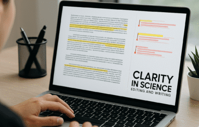Editing a manuscript on a laptop; text visible on screen.