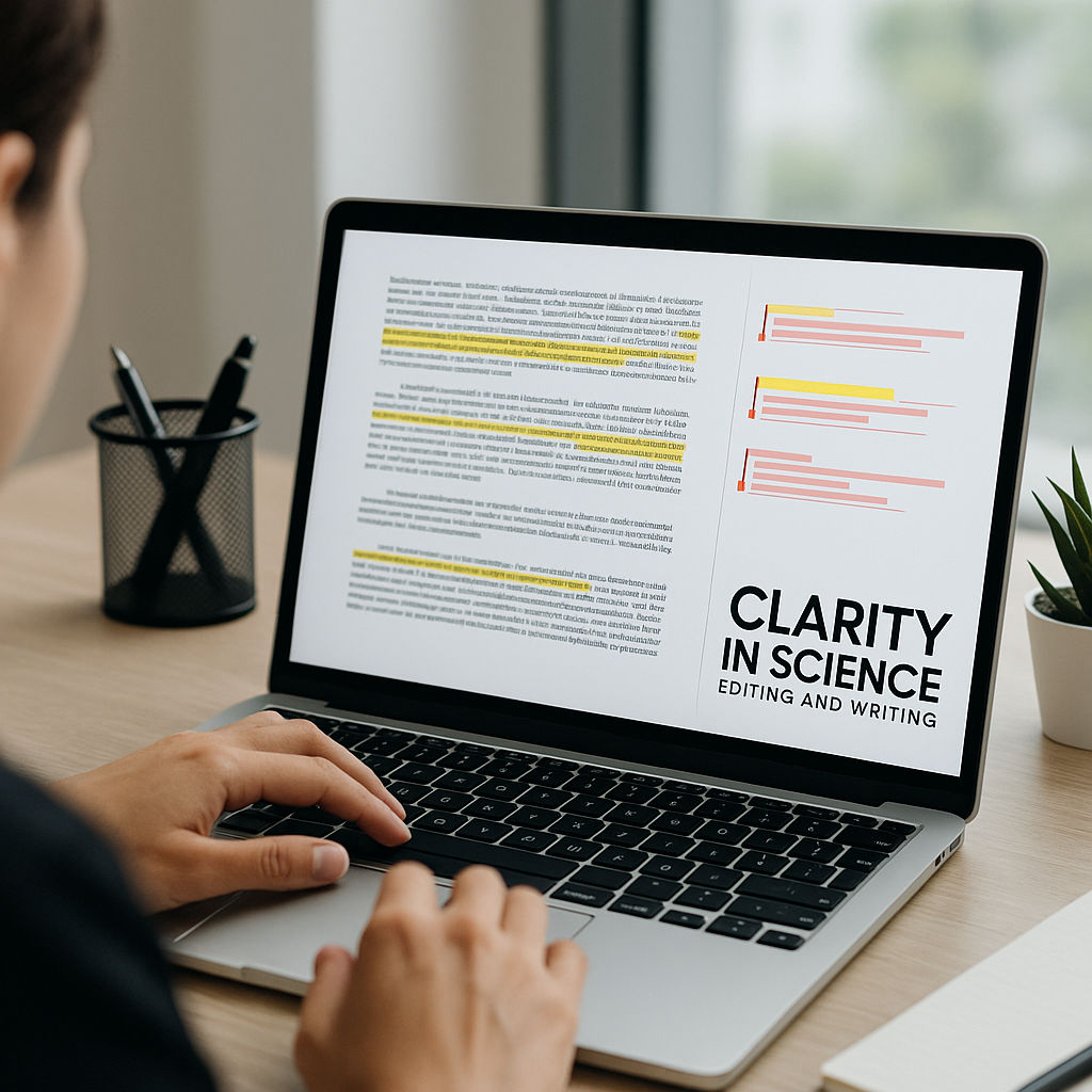 Editing a manuscript on a laptop; text visible on screen.